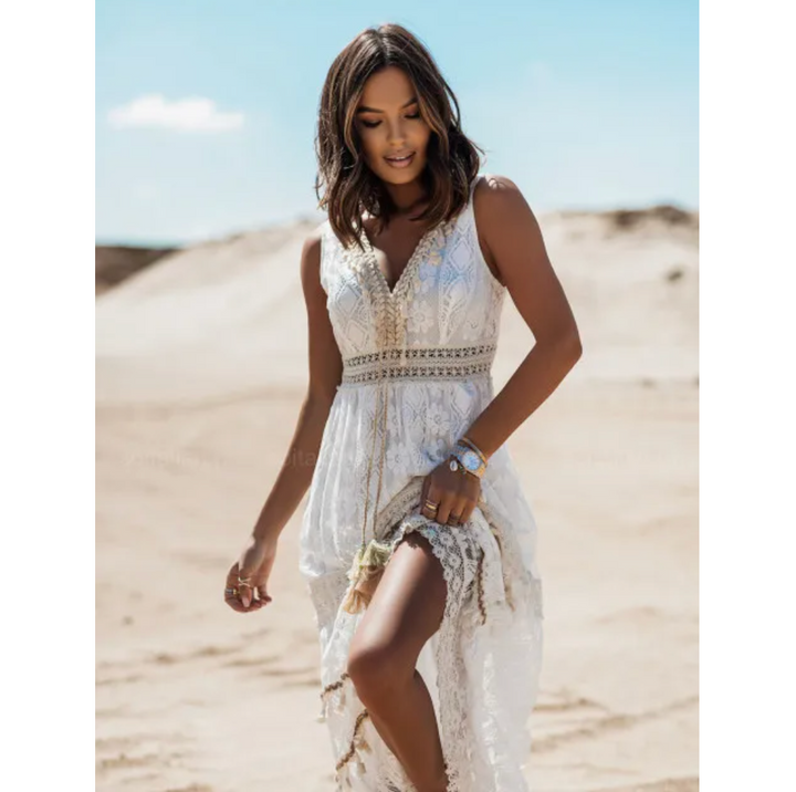 Elegant women's summer maxi dress for stylish warm-weather fashion. Comfortable long vacation resort wear.