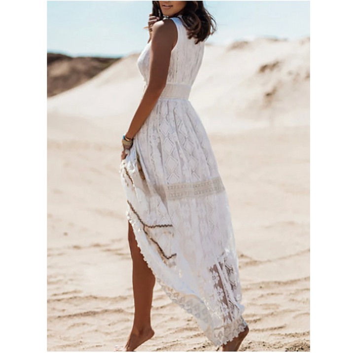Sophisticated women's long summer dress, perfect elegant and comfortable resort wear for stylish vacation fashion.