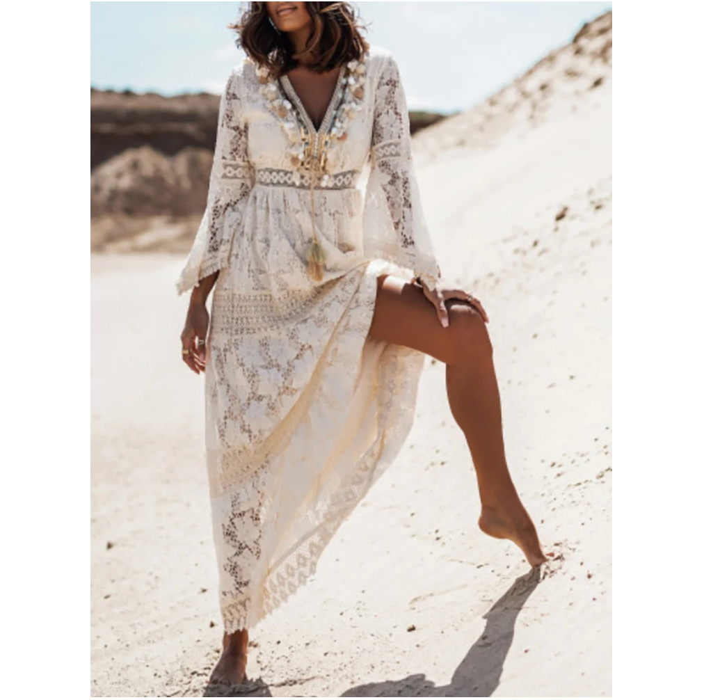Chic women's long summer dress, offering elegant style & comfortable fit for warm weather & resort fashion.