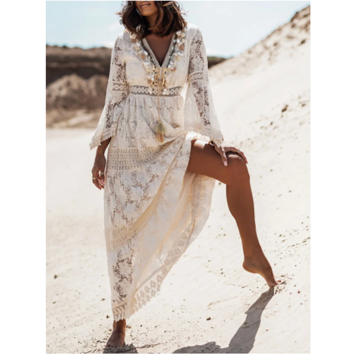 Chic women's long summer dress, offering elegant style & comfortable fit for warm weather & resort fashion.
