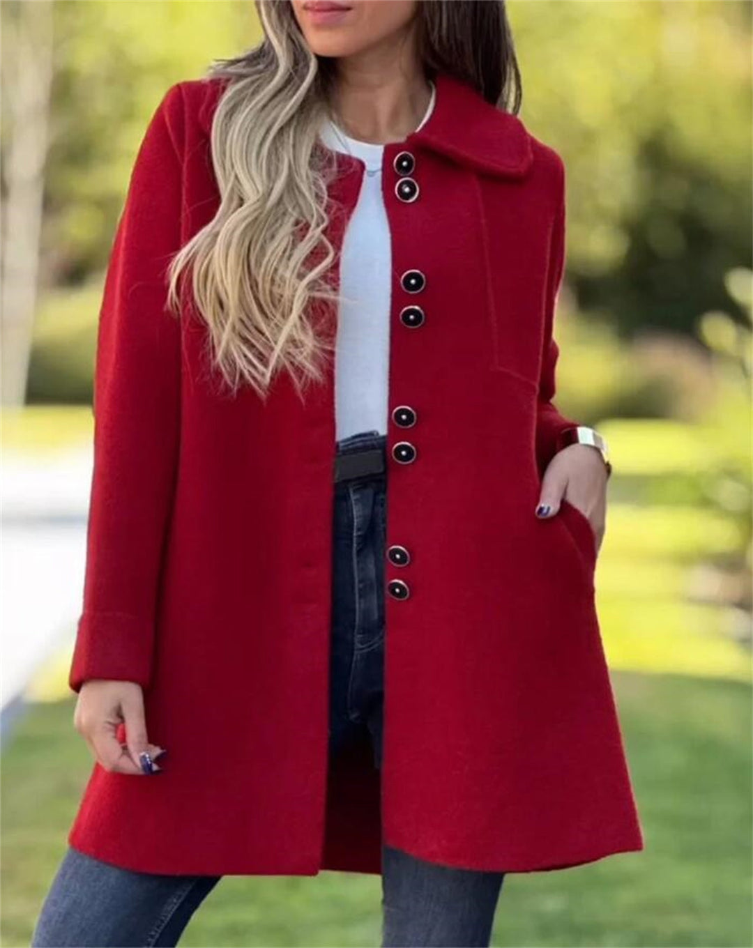 Chic apricot single-breasted tailored coat for women, structured thigh-length outerwear, elegant autumn fashion.