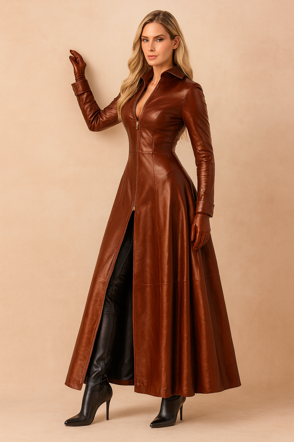 Chic women's tailored zip-front longline winter coat, a statement piece for elegant outerwear and unique style.