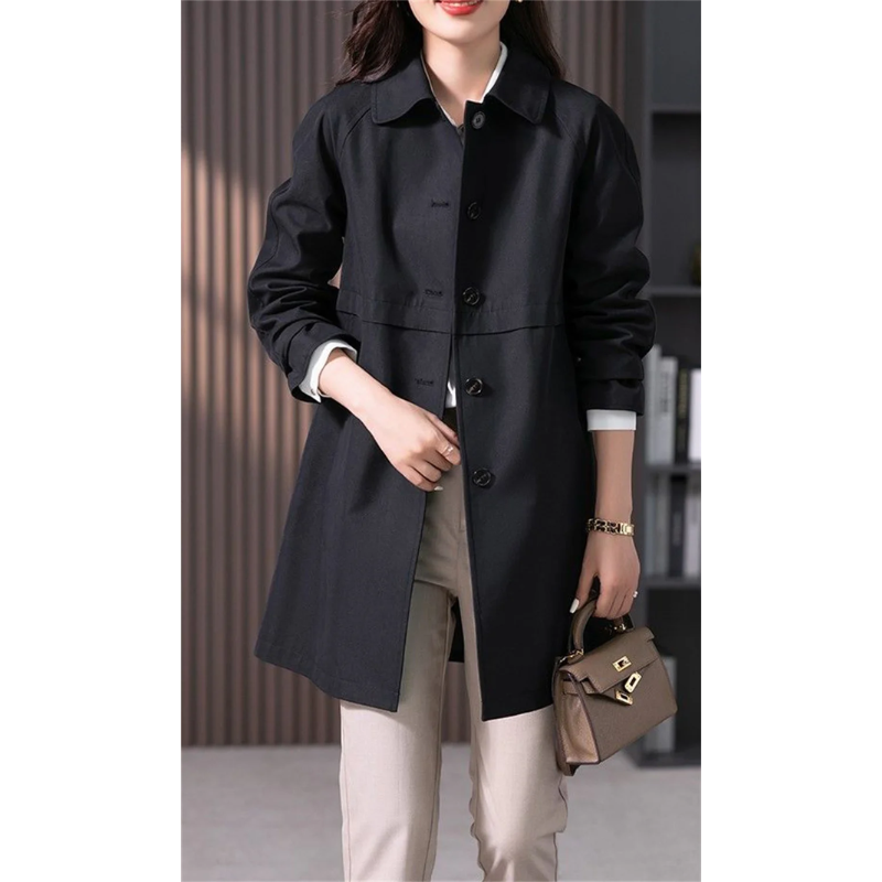 Women's classic mid-thigh trench coat with tailored fit. Chic outerwear, ideal as a spring jacket or autumn coat.