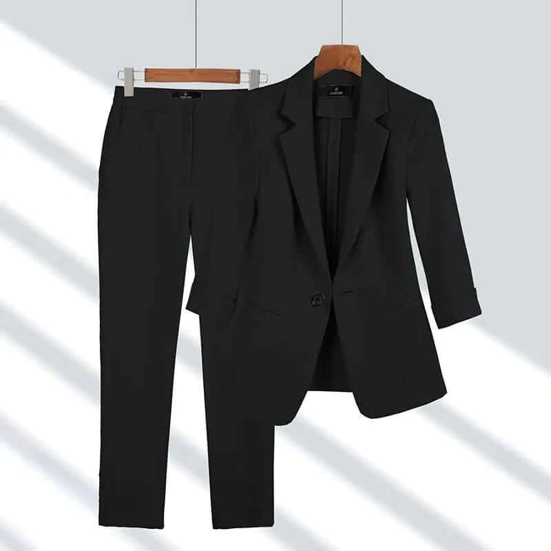 Elegant and comfortable women's tailored suit, a professional blazer and pant set designed for modern office wear.