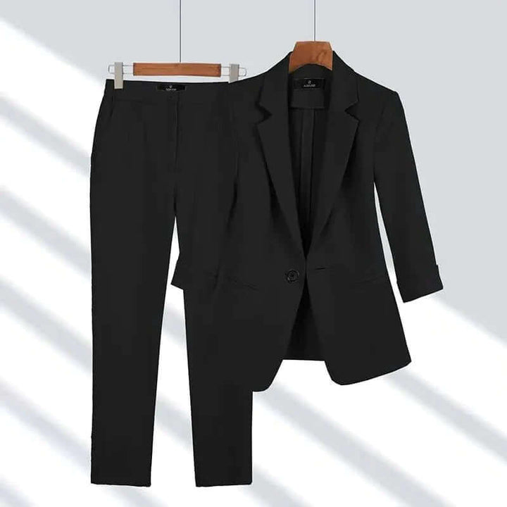 Elegant and comfortable women's tailored suit, a professional blazer and pant set designed for modern office wear.