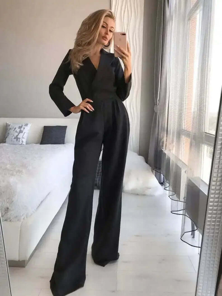 Elegant women's tailored wide leg jumpsuit in a stylish rayon blend, perfect for versatile formal or casual chic summer fashion.