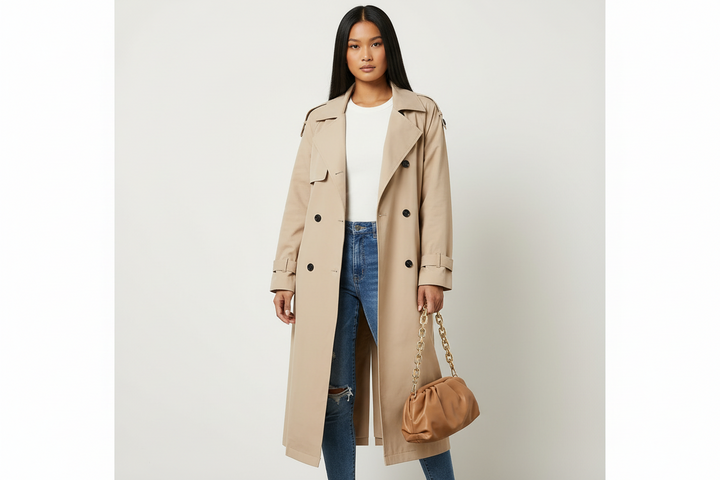 Elegant women's trench coat, long, classic fashion. Stylish outerwear for sophisticated seasonal comfort.
