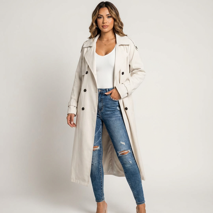 Sophisticated women's trench coat, ideal for all seasons. This elegant long outerwear elevates any classic fashion.