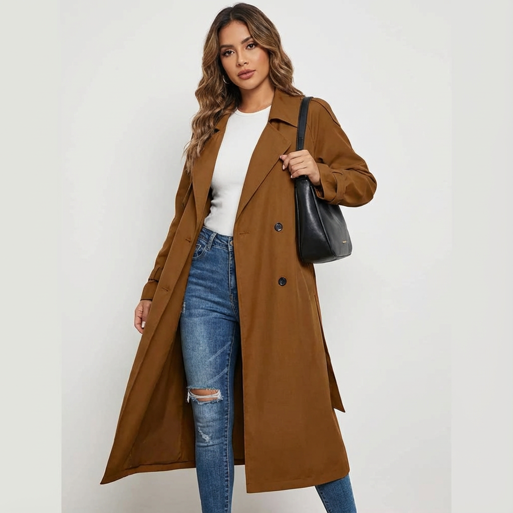 Comfortable women's long trench coat, a chic travel essential. Effortless style and elegant outerwear for daily wear.