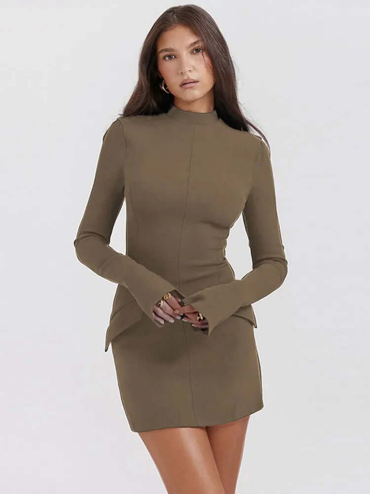 Fashionable women's turtleneck midi sweater dress, ideal for cool weather and casual elegance.