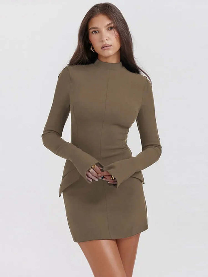 Fashionable women's turtleneck midi sweater dress, ideal for cool weather and casual elegance.