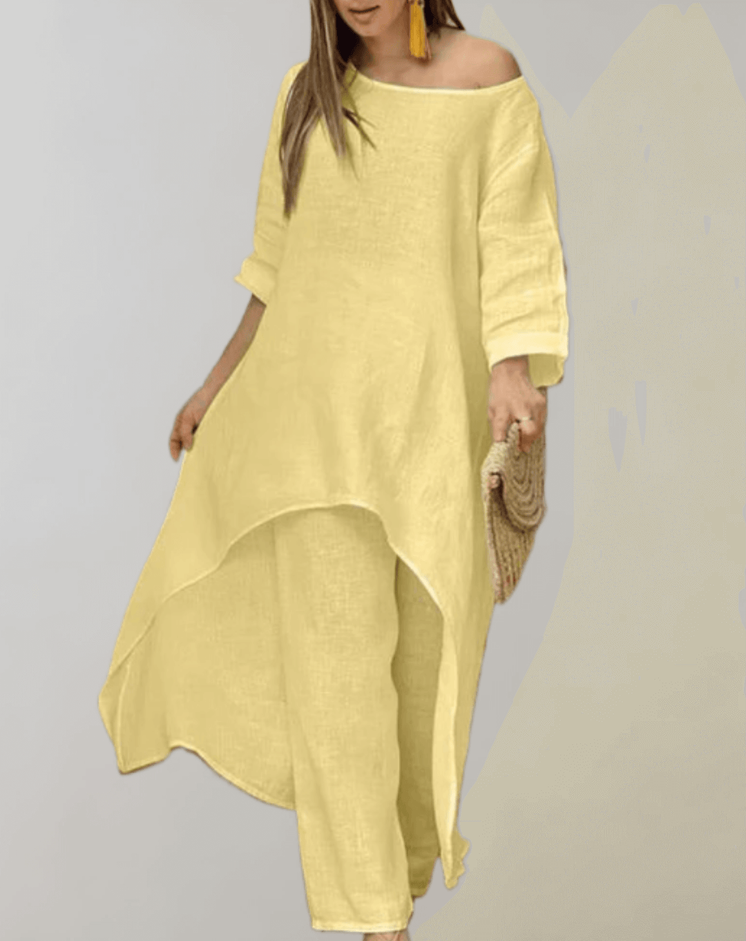 Textured women's tweed blazer and skirt set, an elegant two-piece fashion statement.