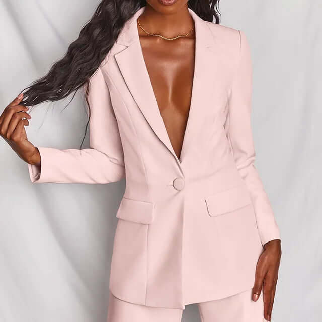 Elegant women's two-piece formal suit set in a professional business style. Perfect for office wear.