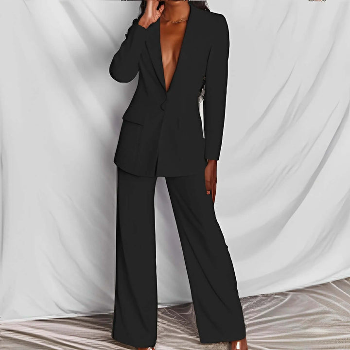 Sophisticated women's formal suit with a blazer and pants, a perfect two-piece office set.