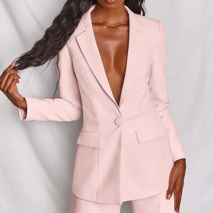 Full-length shot of a women's formal workwear suit, a stylish two-piece professional outfit.