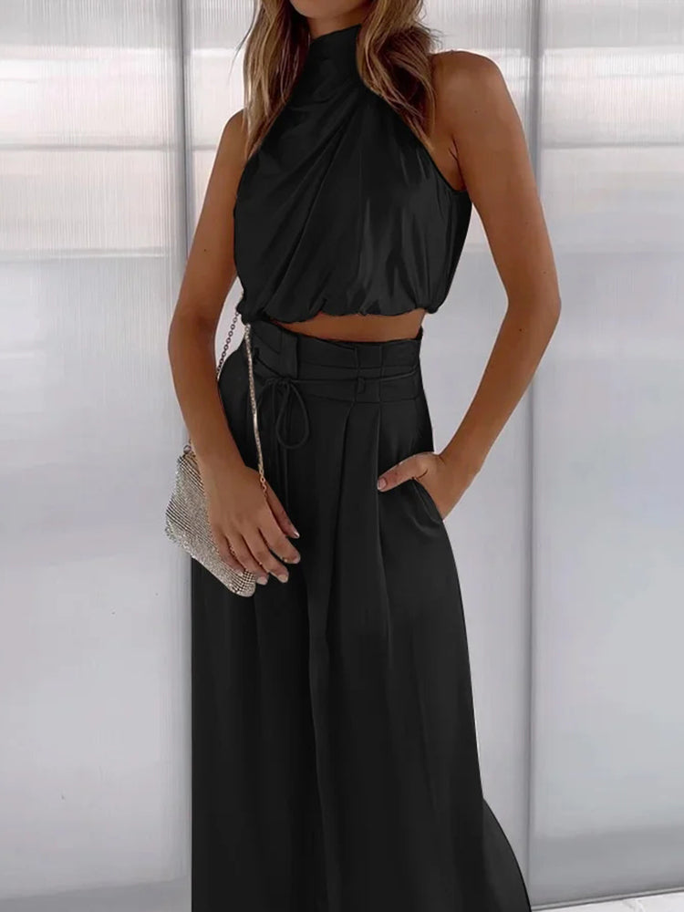 Linen blend women's two-piece elegant set, a comfortable and versatile summer outfit.