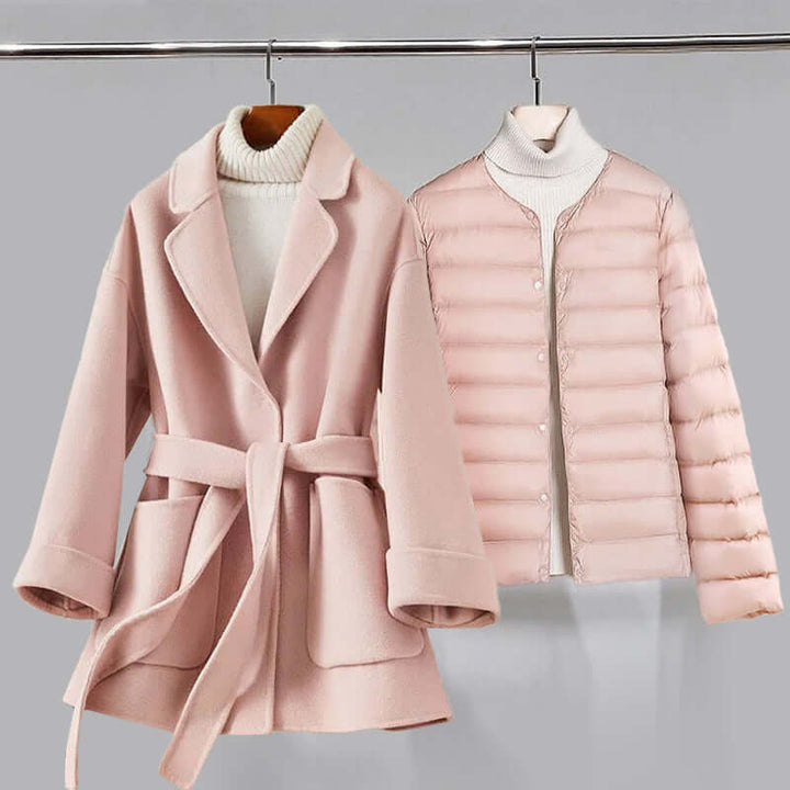 Chic women's matching two-piece set in pink, a versatile and comfortable feminine fashion outfit for various events.