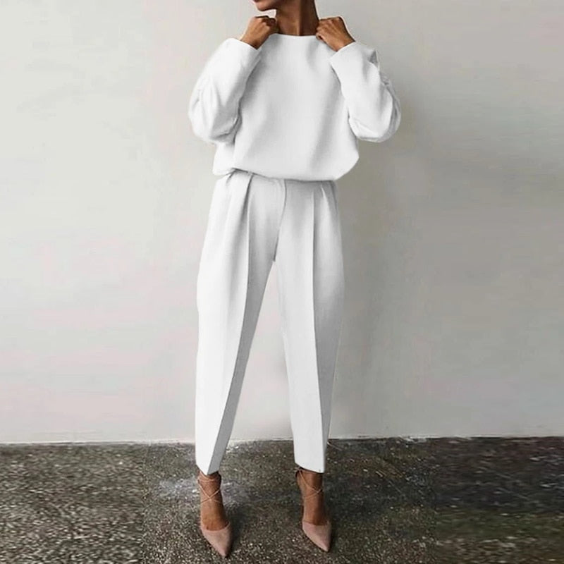 Elegant women's two-piece suit, a chic and comfortable matching set perfect for office or stylish casual wear.