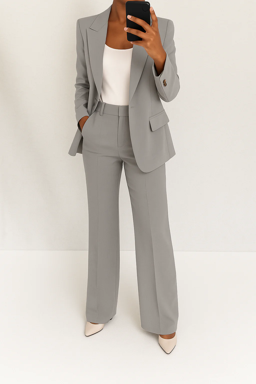 Stylish women's professional two-piece suit. Contemporary business attire for a chic & sophisticated office look.