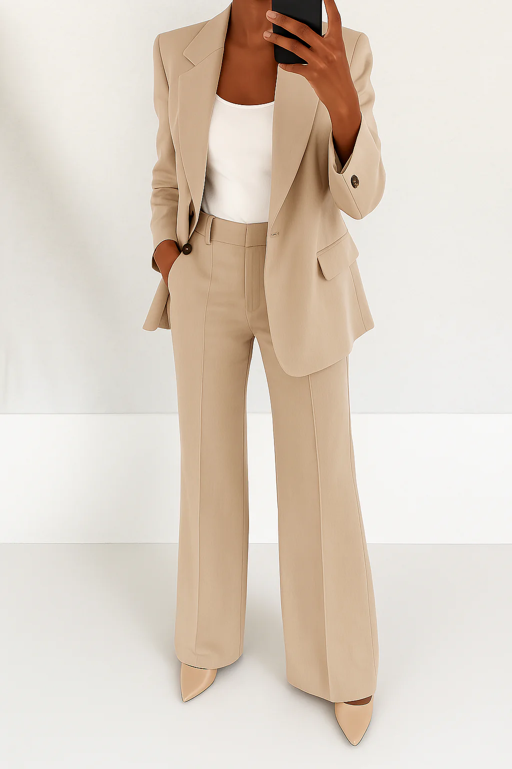 Versatile women's elegant two-piece suit, ideal for professional business meetings & formal events. Chic office wear.