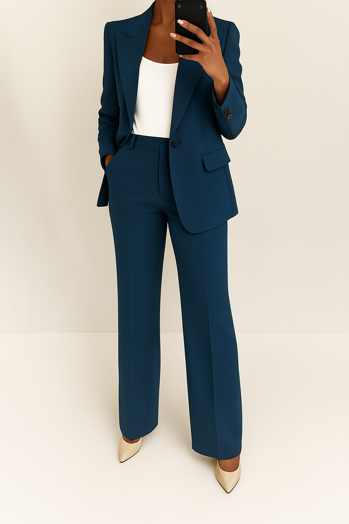 Chic professional women's two-piece suit set. Elegant business attire & formal wear for a sophisticated office look.