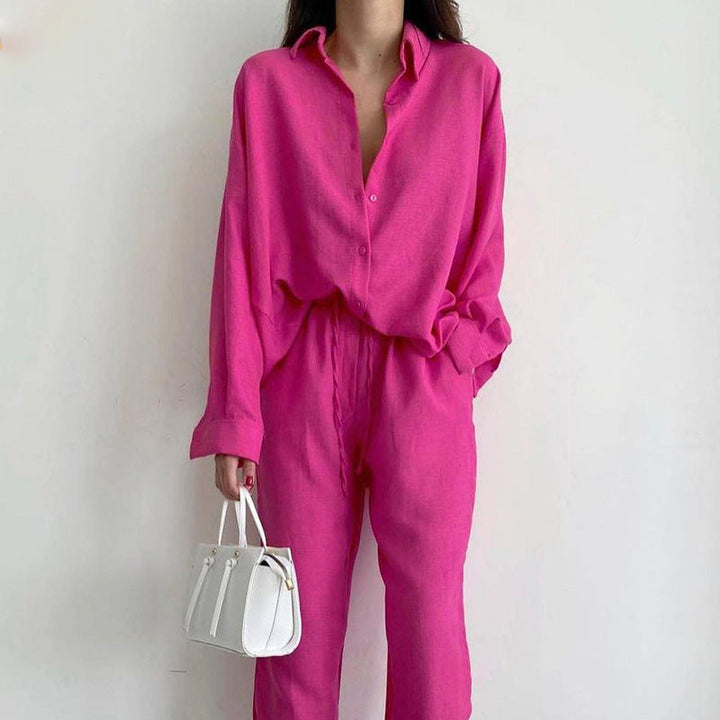 Women's casual chic blouse & wide-leg pants set with drawstring waist. Ideal for summer fashion.