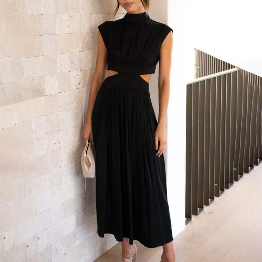 Vibrant off-shoulder women's elegant dress with a unique cut, offering comfortable & chic style for parties.