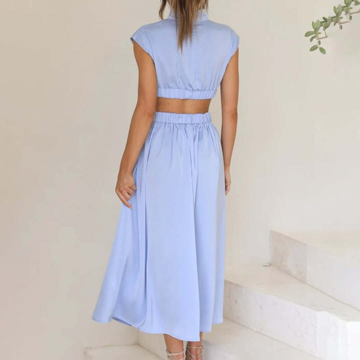 Comfortable & elegant women's party dress featuring a unique off-shoulder cut & vibrant color for special events.