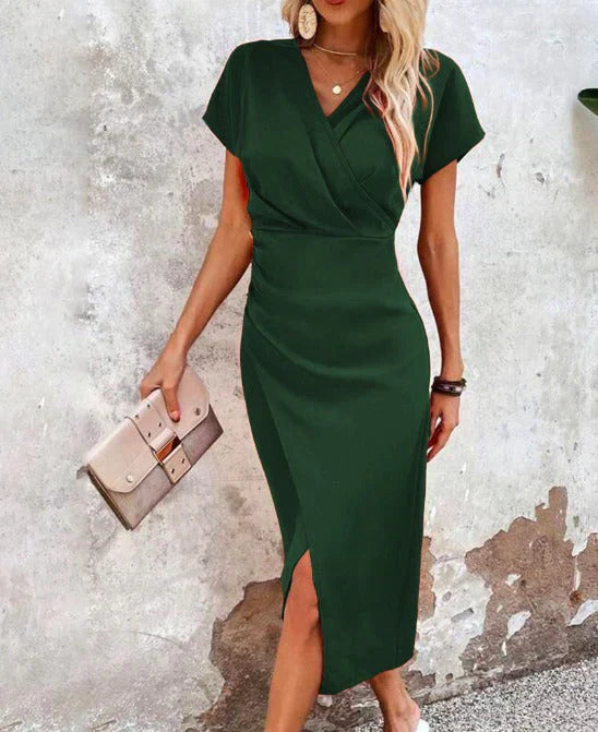 Elegant women's V-neck midi dress, bodycon fit & a stylish front slit, ideal for evening fashion.
