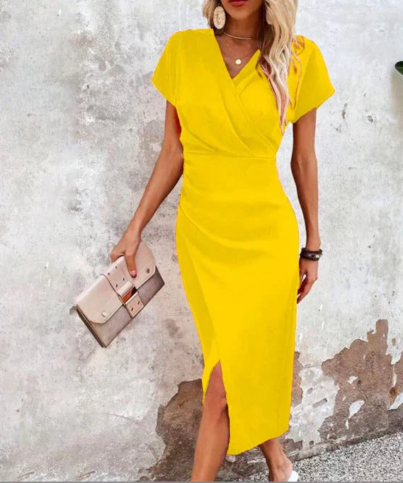 Stylish women's bodycon midi dress featuring a V-neck and chic front slit for a sophisticated party look.