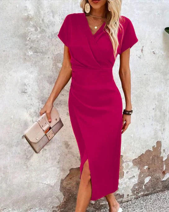 Sophisticated women's bodycon midi dress in a V-neck design, featuring a graceful front slit for versatility.