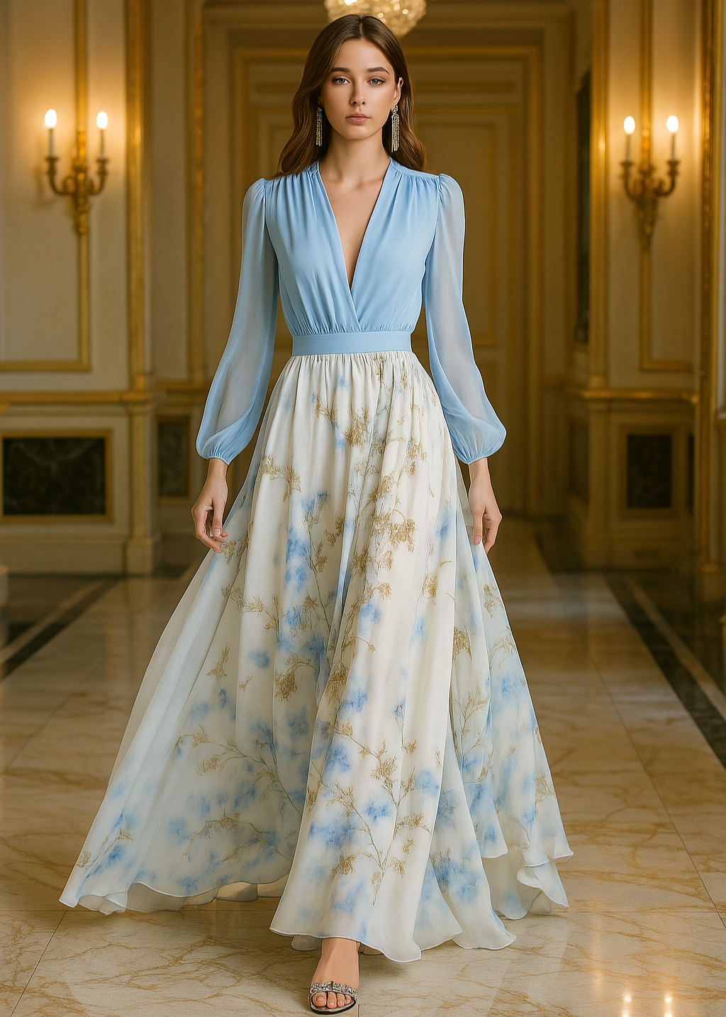 Flowy long-sleeve V-neck floral maxi dress for women, an elegant and versatile choice for spring & summer.