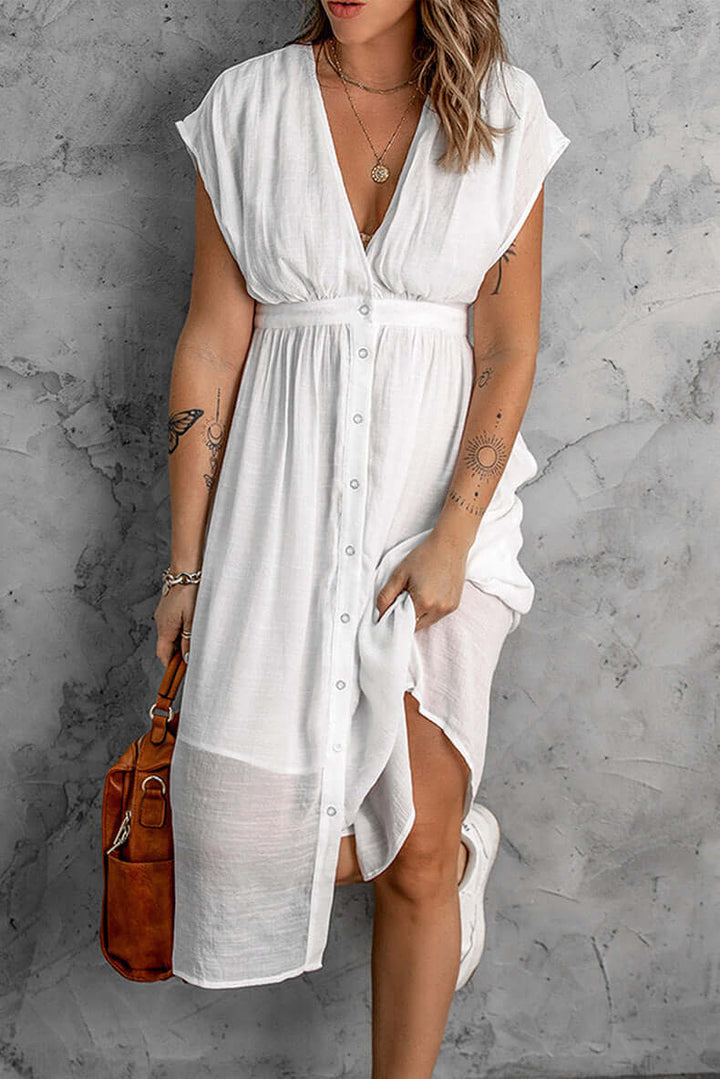 Elegant women's V-neck long sleeve midi dress, perfect for versatile styling. Comfortable & fashionable apparel.