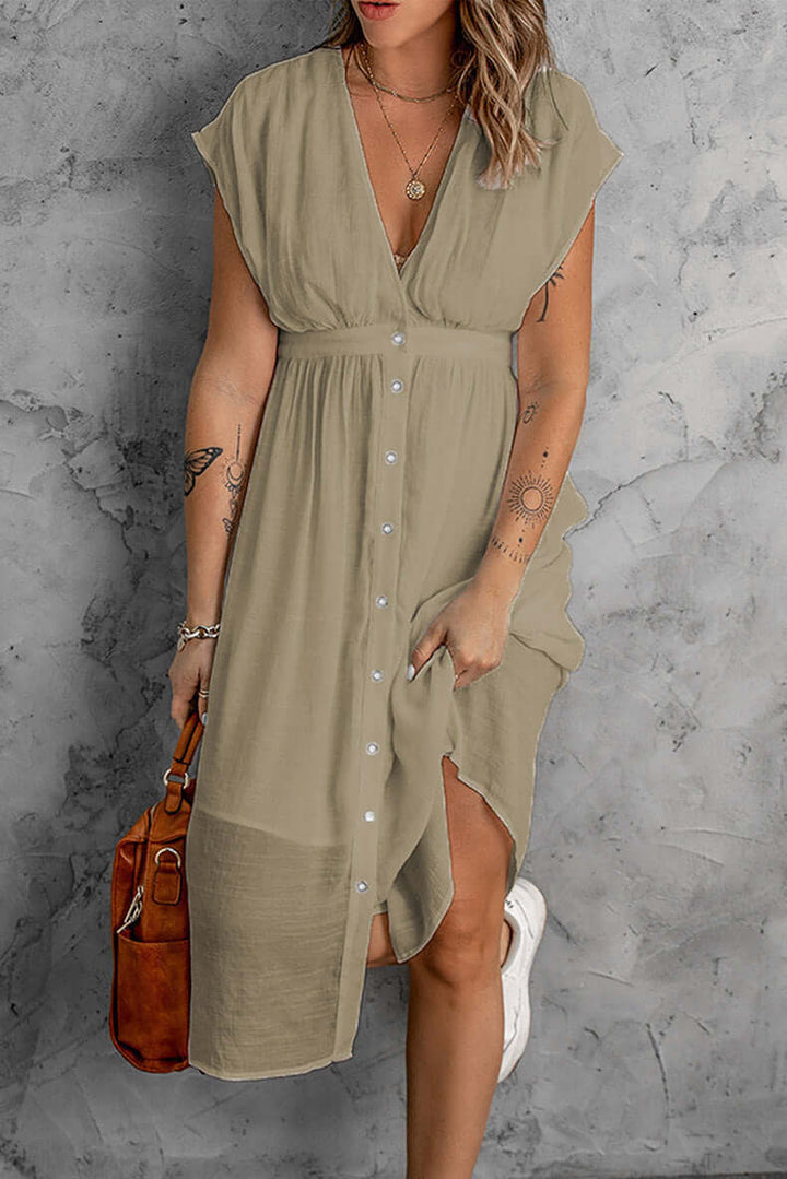 Chic women's V-neck long sleeve dress, a comfortable midi for casual wear or party events. Stylish fashion.