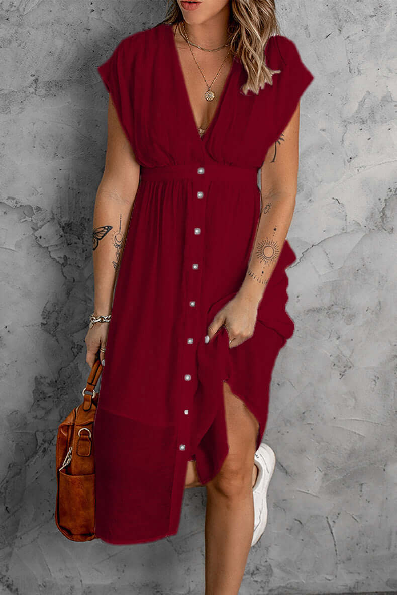 Stylish women's V-neck long sleeve dress, a versatile midi for women seeking comfort and elegance.