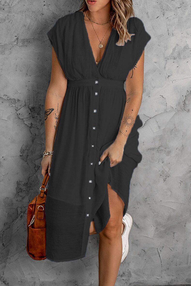 Comfortable women's V-neck long sleeve midi dress, ideal for an elegant casual or party look. Women's apparel.