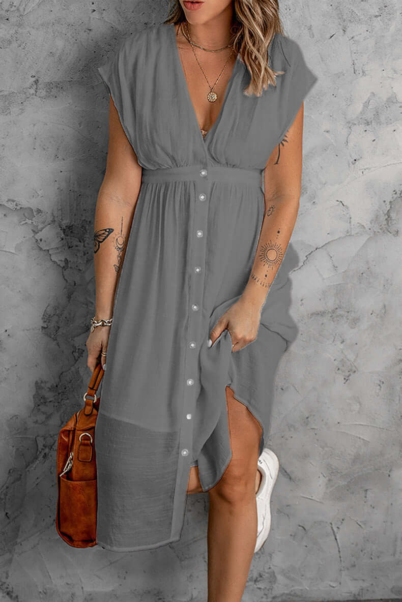 Elegant women's V-neck long sleeve midi dress in a flattering cut, perfect for stylish everyday fashion.