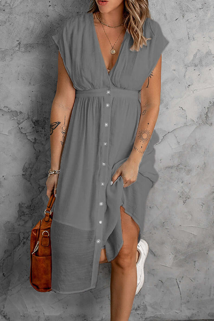 Elegant women's V-neck long sleeve midi dress in a flattering cut, perfect for stylish everyday fashion.