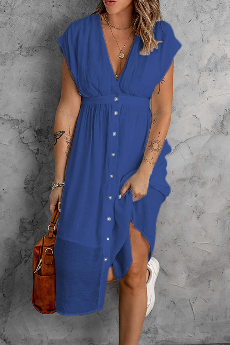 Versatile V-neck long sleeve midi dress for women, combining elegant design with comfortable, fashionable style.