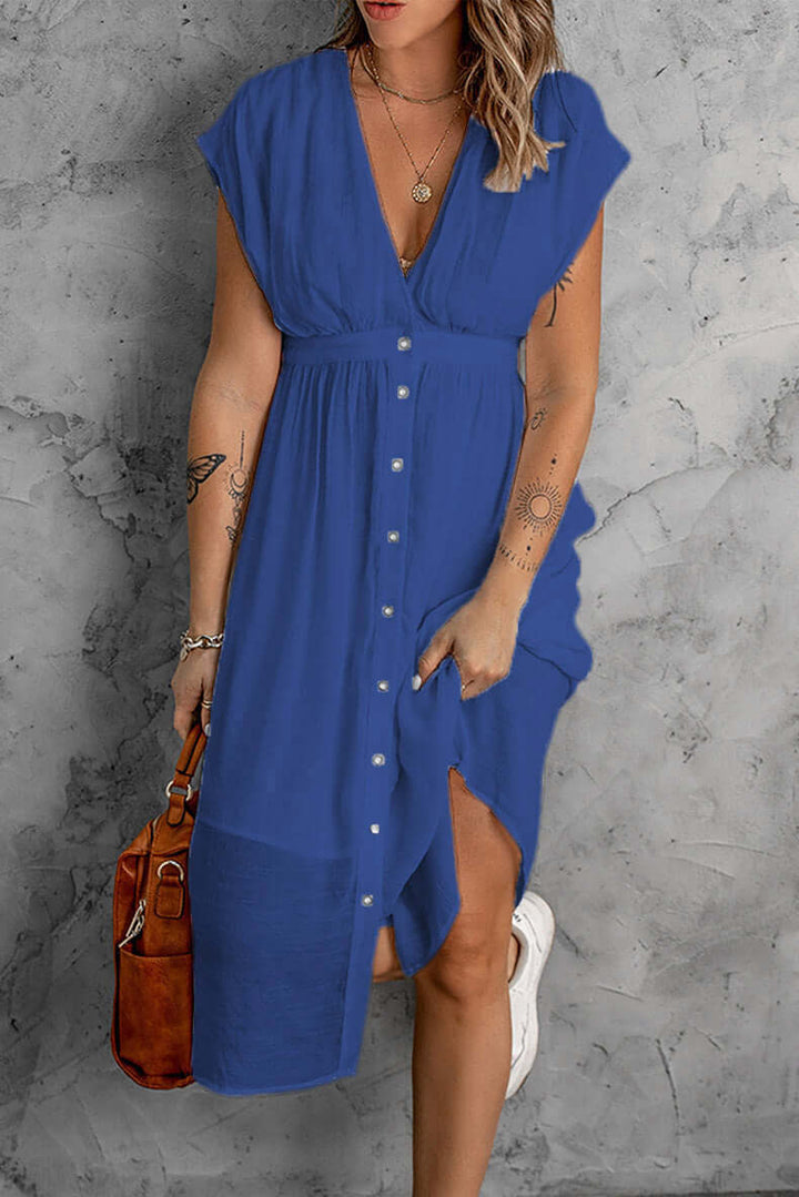 Versatile V-neck long sleeve midi dress for women, combining elegant design with comfortable, fashionable style.