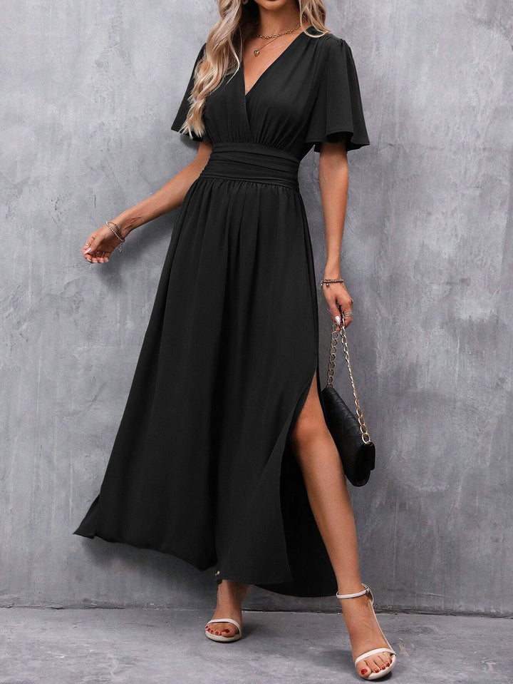 Elegant women's V-neck maxi dress with flutter sleeves, A-line for summer casual & vacation comfort.