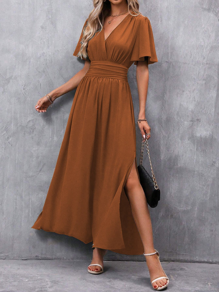 Flowy empire waist V-neck maxi dress for women, ideal for summer parties, vacation, or elegant casual.