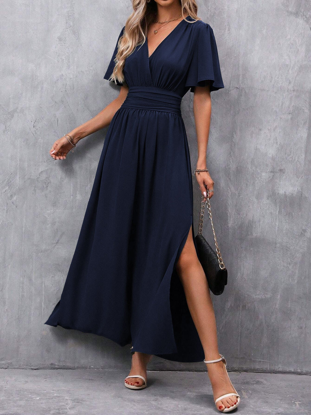 Comfortable women's V-neck summer maxi dress, elegant A-line design with flutter sleeves for everyday.