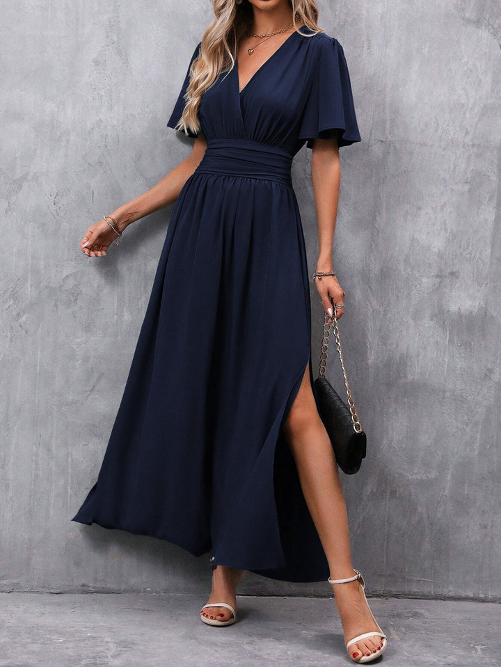 Comfortable women's V-neck summer maxi dress, elegant A-line design with flutter sleeves for everyday.