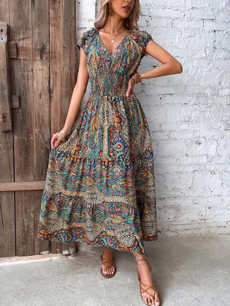 Chic women's V-neck midi dress with a comfortable, lightweight fit. Perfect elegant summer or casual dress.