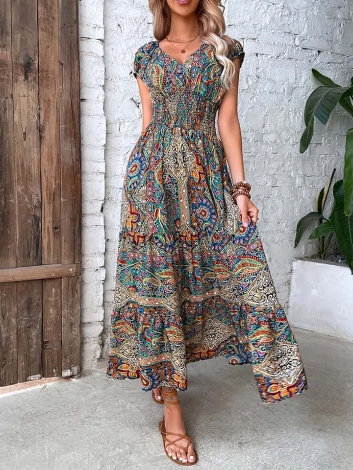Stylish women's sleeveless V-neck midi dress, an elegant and casual summer essential for vacation or daily wear.
