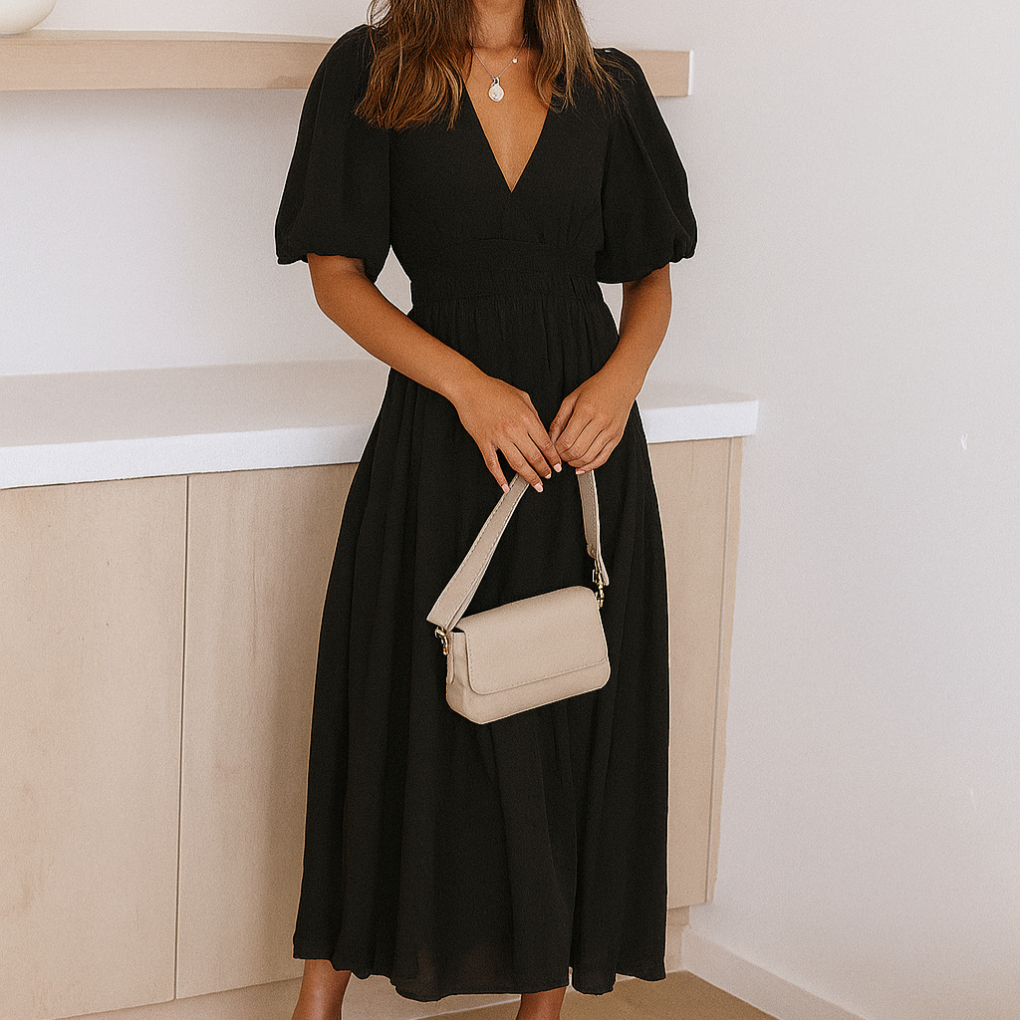 Elegant women's V-neck midi dress with elastic waist, perfect for versatile spring & summer fashion.