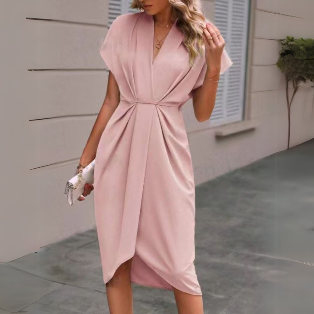 Professional women's V-neck midi dress, perfect for all-seasons office wear, business meetings & elegant occasions.