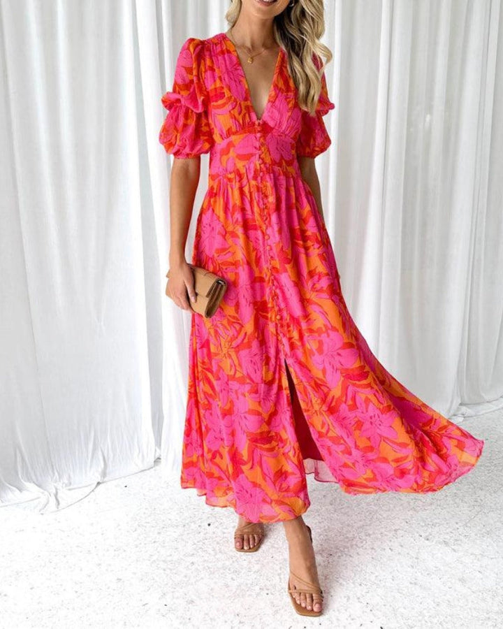 Elegant women's V-neck puff sleeve maxi dress, perfect for summer occasions. Flowy & chic long design.