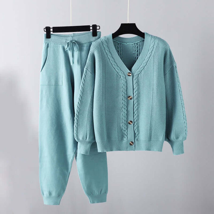 Comfortable women's matching set, a stylish V-neck outfit with loose fit pants for spring/summer fashion.